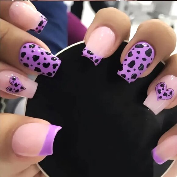 24 Purple Cow Print Heart Nails Press On Kit Fake Glam Vacation Reusable Leopard - Picture 1 of 5